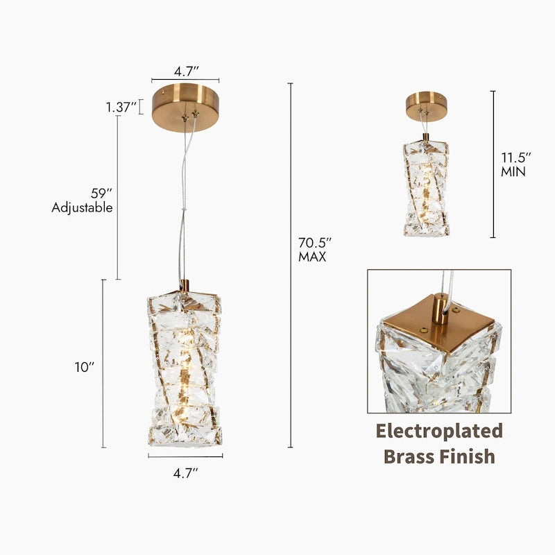 Lustre moderne glamour en cristal doré à une lumière, suspension LED, éclairage d'îlot de cuisine ou de salle à manger - 12 cm (L) x 12 cm (l) x 25 cm (H)