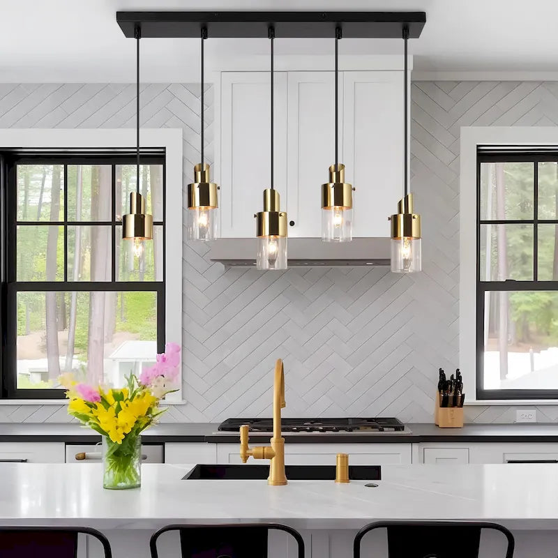 Modern 5-Light Black Gold Linear Chandelier Kitchen Island Pendant Light for Dining Room - 28  L x 4  W x 65.5  H