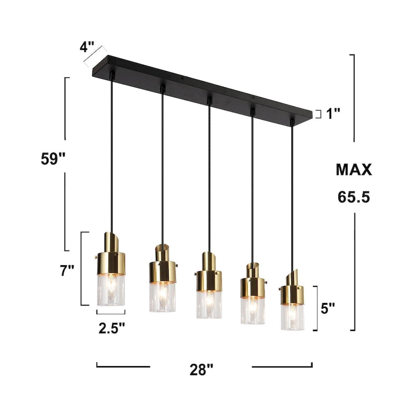 Lustre linéaire moderne à 5 lumières noir et or, suspension pour îlot de cuisine ou salle à manger - 71 cm (L) x 10 cm (l) x 166 cm (H)