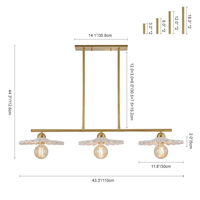 Lustre linéaire décoratif en laiton à 3 lumières et céramique pour îlot central