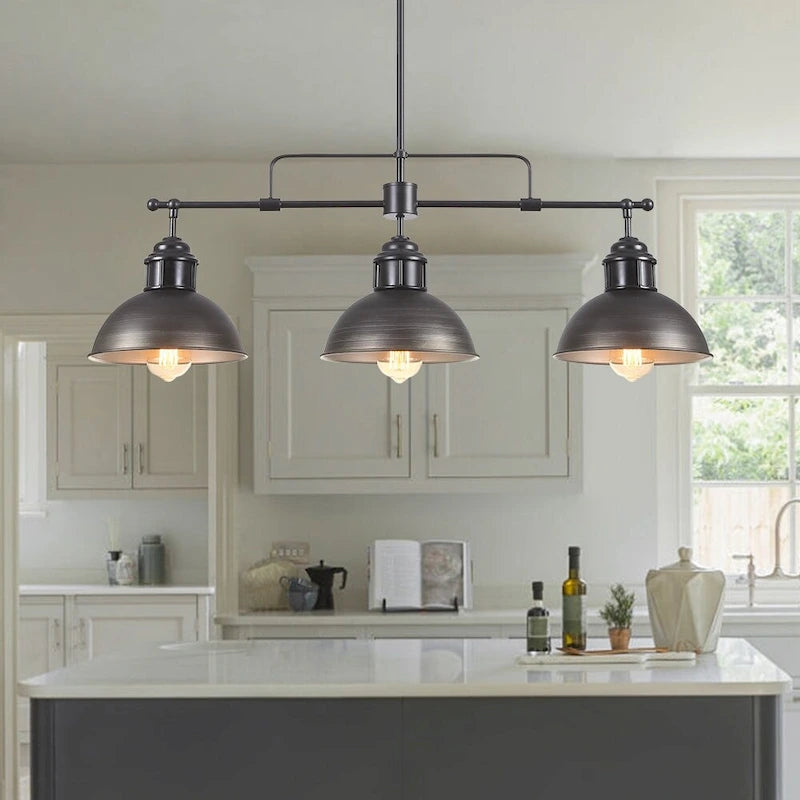 Suspension industrielle à 3 lumières pour îlot de cuisine - Noir et gris brossés - Noir et gris