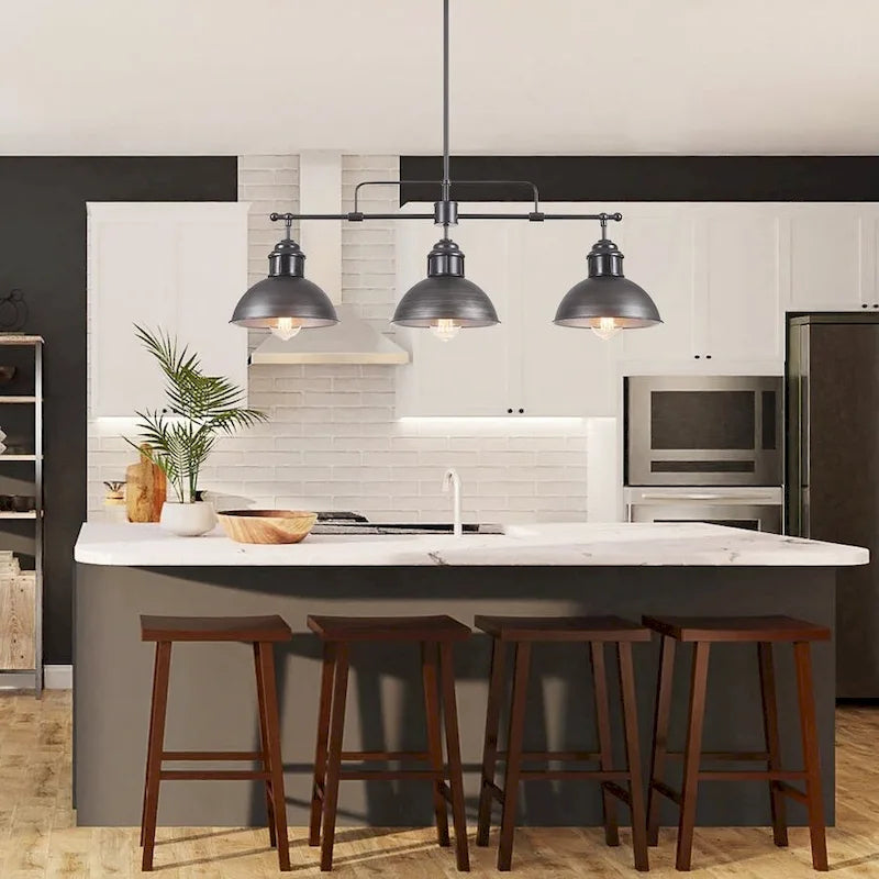 Suspension industrielle à 3 lumières pour îlot de cuisine - Noir et gris brossés - Noir et gris