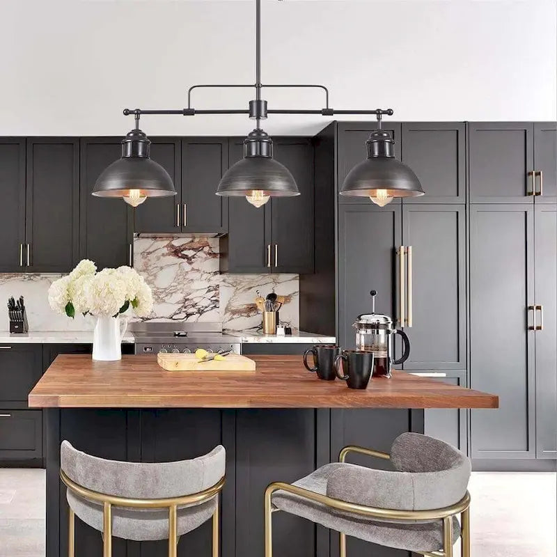 Suspension industrielle à 3 lumières pour îlot de cuisine - Noir et gris brossés - Noir et gris