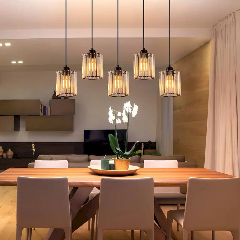 Lustre linéaire moderne Starsky à 5 lumières, 81 cm (32 po), en cristal, avec structure cylindrique en verre, idéal pour îlot de cuisine.