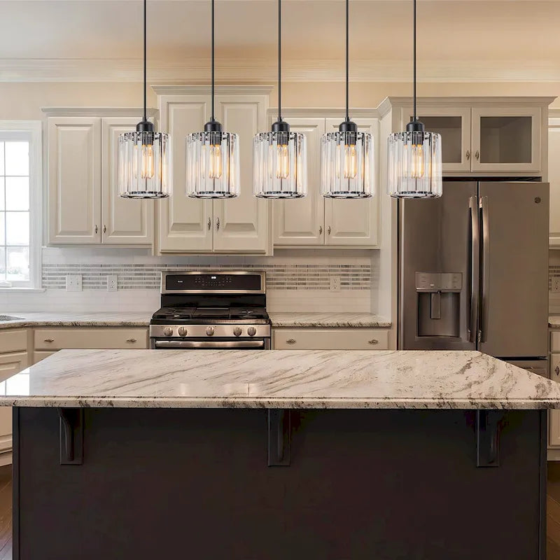 Lustre linéaire moderne Starsky à 5 lumières, 81 cm (32 po), en cristal, avec structure cylindrique en verre, idéal pour îlot de cuisine.