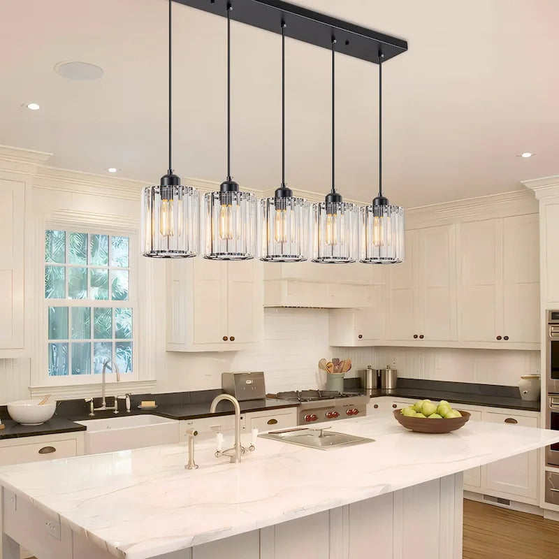 Lustre linéaire moderne Starsky à 5 lumières, 81 cm (32 po), en cristal, avec structure cylindrique en verre, idéal pour îlot de cuisine.