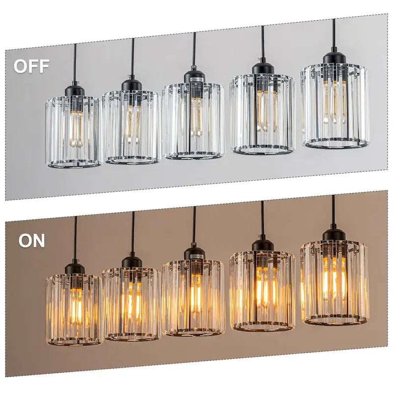Lustre linéaire moderne Starsky à 5 lumières, 81 cm (32 po), en cristal, avec structure cylindrique en verre, idéal pour îlot de cuisine.