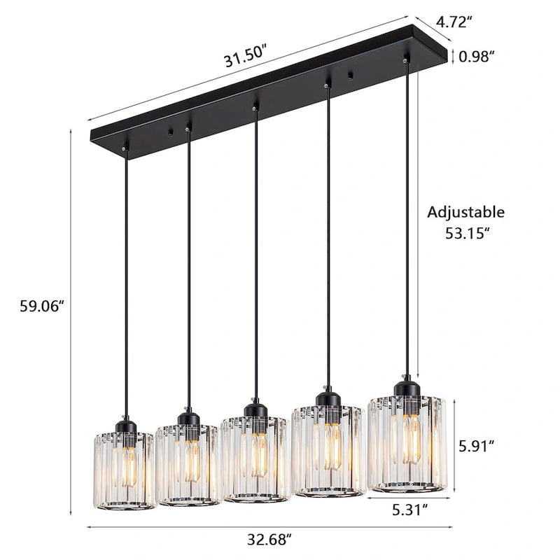 Lustre linéaire moderne Starsky à 5 lumières, 81 cm (32 po), en cristal, avec structure cylindrique en verre, idéal pour îlot de cuisine.