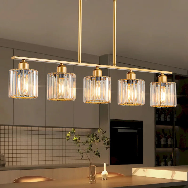 Lustre moderne Starsky à 5 lumières en cristal et verre, éclairage linéaire pour îlot de cuisine avec abat-jour cylindrique