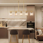 Lustre moderne Starsky à 5 lumières en cristal et verre, éclairage linéaire pour îlot de cuisine avec abat-jour cylindrique