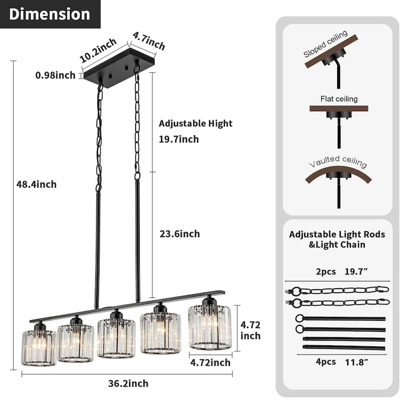 Lustre moderne Starsky à 5 lumières en cristal et verre, éclairage linéaire pour îlot de cuisine avec abat-jour cylindrique