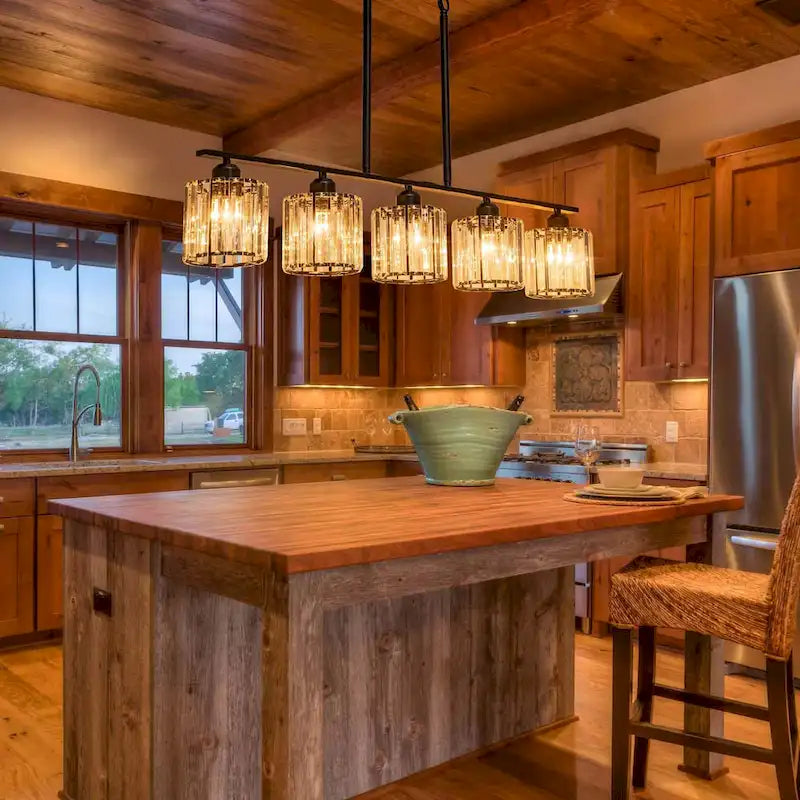 Lustre moderne Starsky à 5 lumières en cristal et verre, éclairage linéaire pour îlot de cuisine avec abat-jour cylindrique