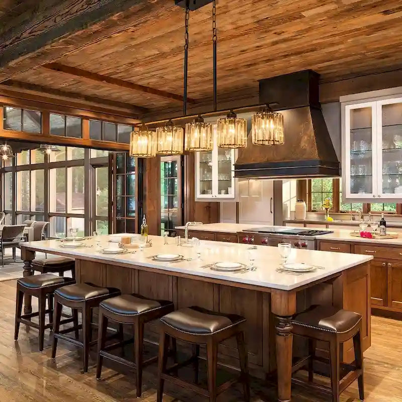 Lustre moderne Starsky à 5 lumières en cristal et verre, éclairage linéaire pour îlot de cuisine avec abat-jour cylindrique