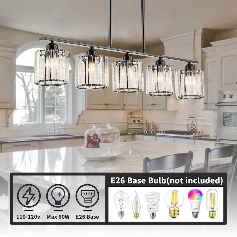 Lustre moderne Starsky à 5 lumières en cristal et verre, éclairage linéaire pour îlot de cuisine avec abat-jour cylindrique