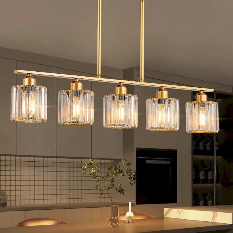 Lustre moderne Starsky à 5 lumières en cristal et verre, éclairage linéaire pour îlot de cuisine avec abat-jour cylindrique