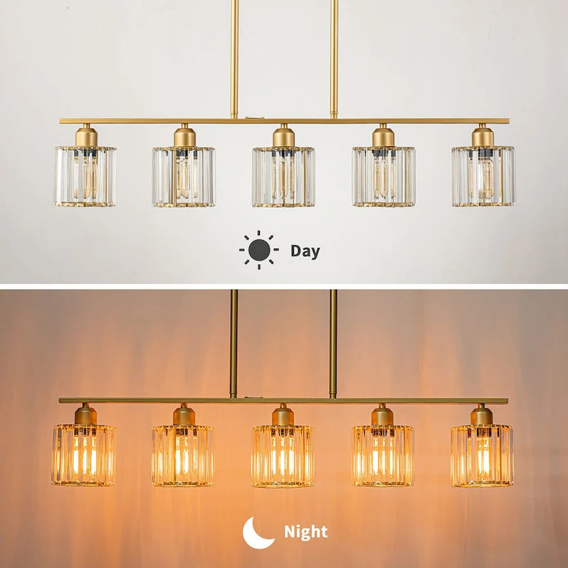 Lustre moderne Starsky à 5 lumières en cristal et verre, éclairage linéaire pour îlot de cuisine avec abat-jour cylindrique