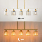 Lustre moderne Starsky à 5 lumières en cristal et verre, éclairage linéaire pour îlot de cuisine avec abat-jour cylindrique