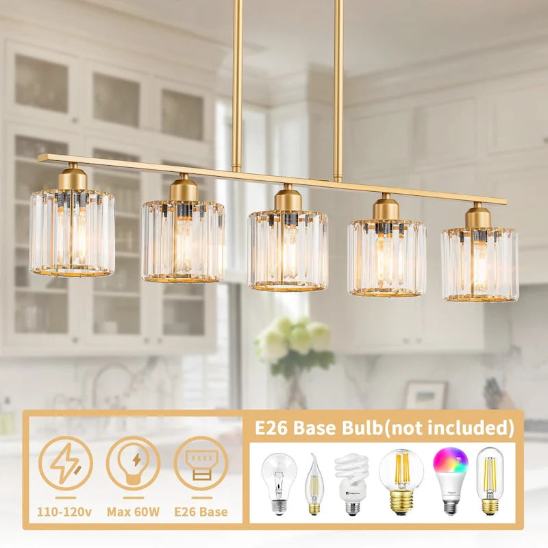Lustre moderne Starsky à 5 lumières en cristal et verre, éclairage linéaire pour îlot de cuisine avec abat-jour cylindrique