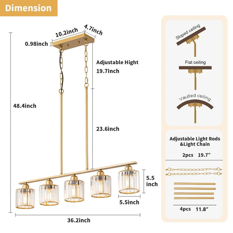 Lustre moderne Starsky à 5 lumières en cristal et verre, éclairage linéaire pour îlot de cuisine avec abat-jour cylindrique