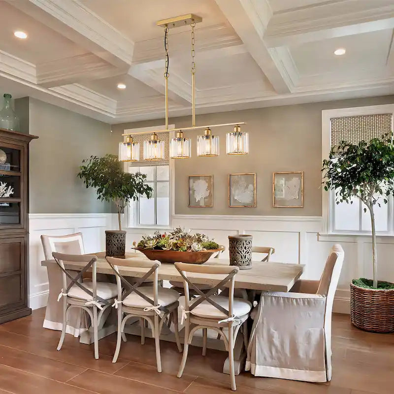 Lustre moderne Starsky à 5 lumières en cristal et verre, éclairage linéaire pour îlot de cuisine avec abat-jour cylindrique