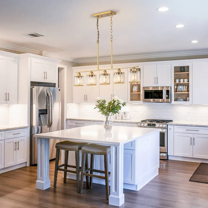 Lustre moderne Starsky à 5 lumières en cristal et verre, éclairage linéaire pour îlot de cuisine avec abat-jour cylindrique