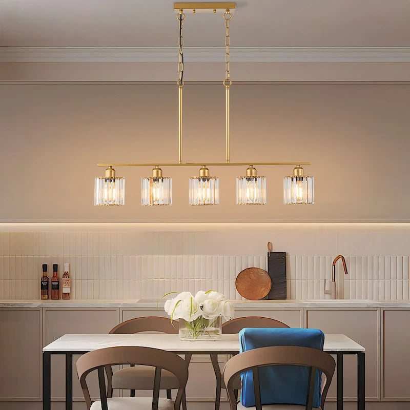Lustre moderne Starsky à 5 lumières en cristal et verre, éclairage linéaire pour îlot de cuisine avec abat-jour cylindrique
