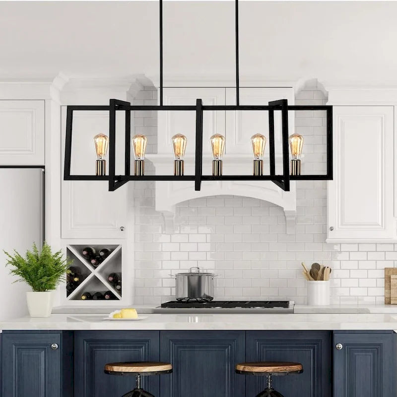 6-Light Black Rectangle Linear Island Pendant Farmhouse
