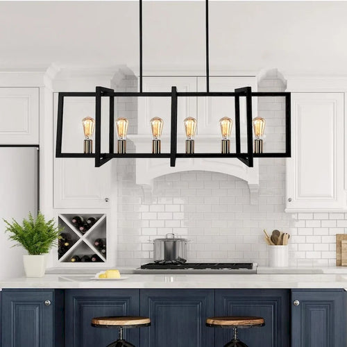 6-Light Black Rectangle Linear Island Pendant Farmhouse
