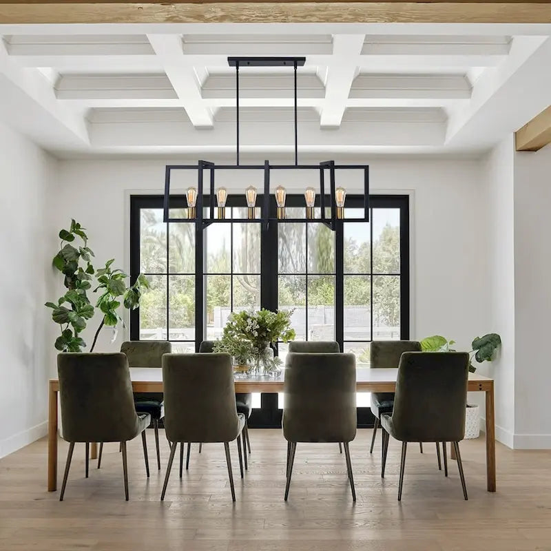 Suspension linéaire rectangulaire noire à 6 lumières pour îlot de style ferme