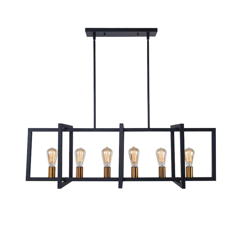 Suspension linéaire rectangulaire noire à 6 lumières pour îlot de style ferme