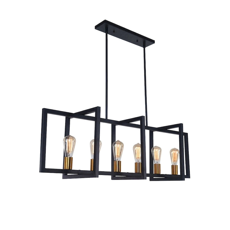 Suspension linéaire rectangulaire noire à 6 lumières pour îlot de style ferme