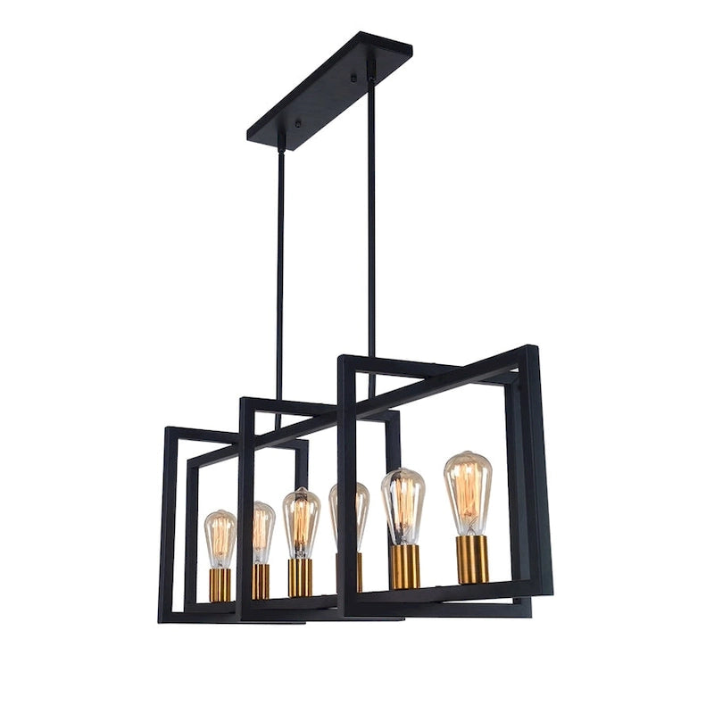 Suspension linéaire rectangulaire noire à 6 lumières pour îlot de style ferme