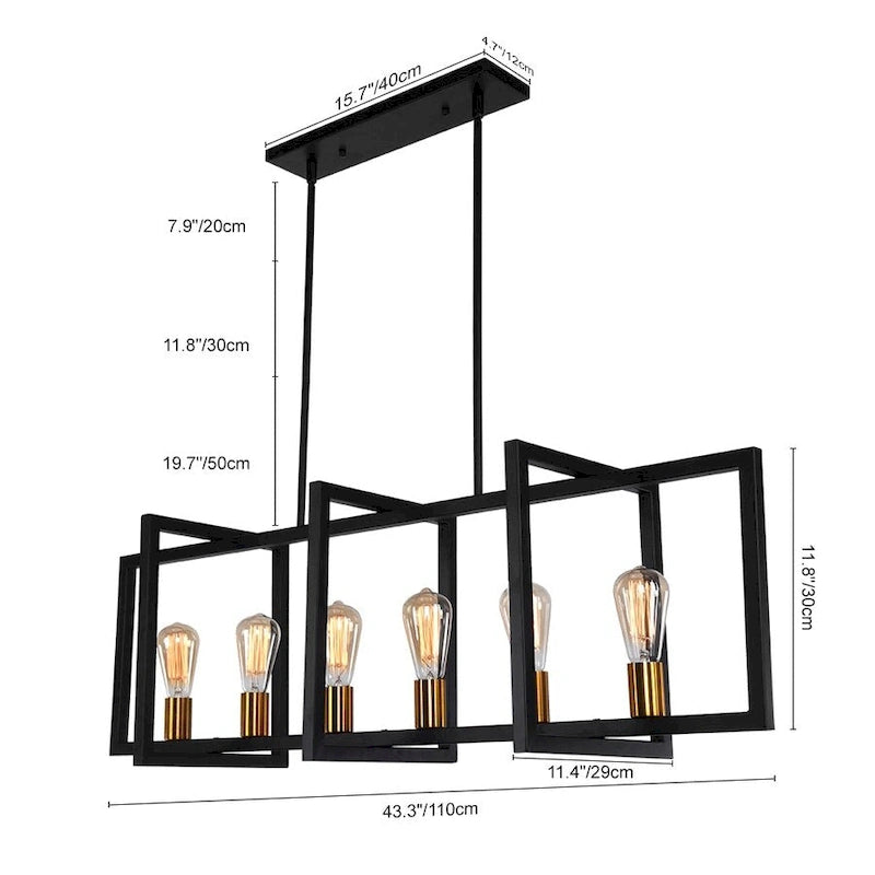 Suspension linéaire rectangulaire noire à 6 lumières pour îlot de style ferme