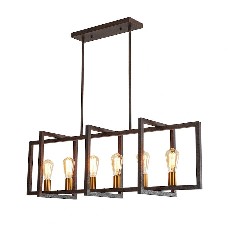 Suspension linéaire rectangulaire noire à 6 lumières pour îlot de style ferme