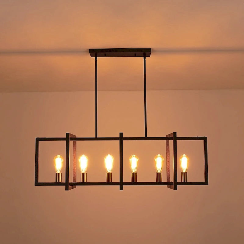 Suspension linéaire rectangulaire noire à 6 lumières pour îlot de style ferme