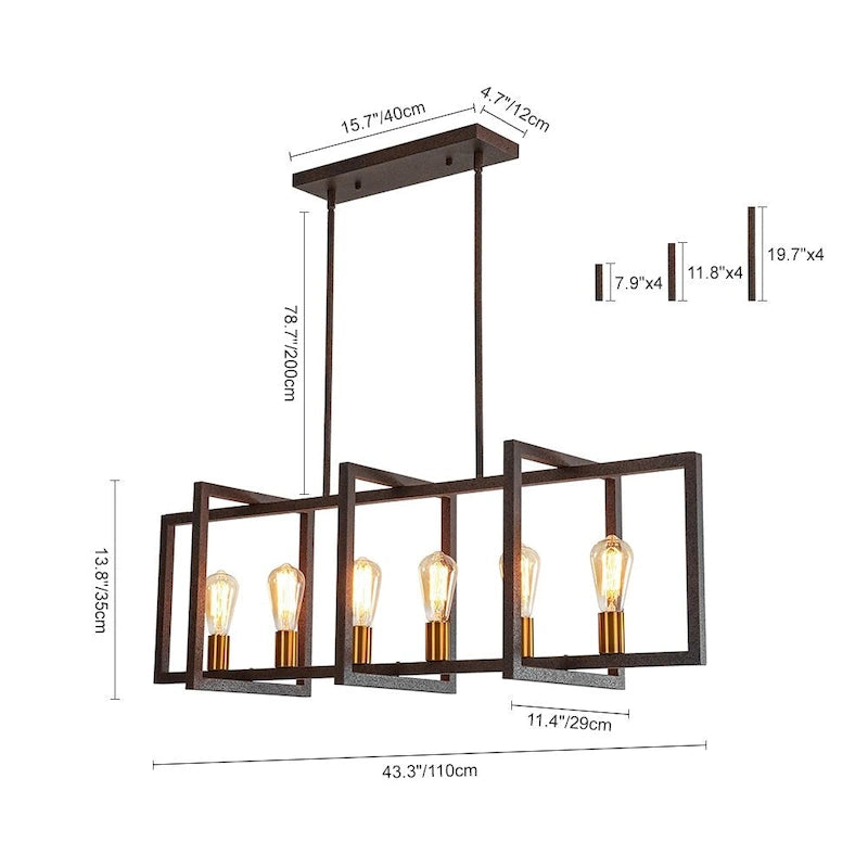 Suspension linéaire rectangulaire noire à 6 lumières pour îlot de style ferme