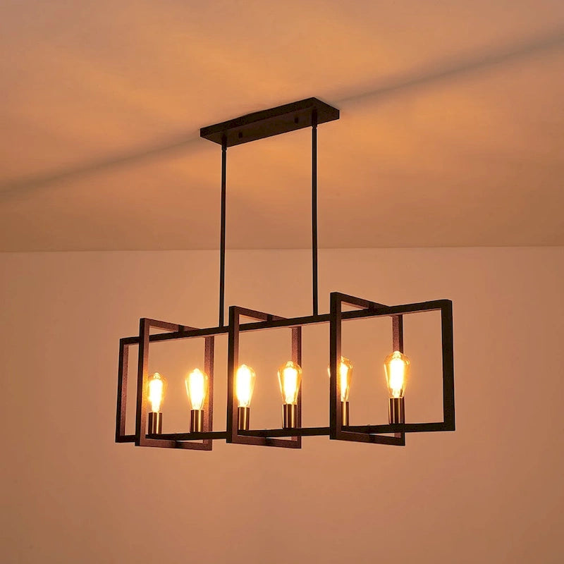 Suspension linéaire rectangulaire noire à 6 lumières pour îlot de style ferme
