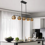 Lustre linéaire moderne noir et or à 5 lumières, suspension pour îlot de cuisine avec abat-jour en métal - L 38,5 x l 5,5 x H 7,5
