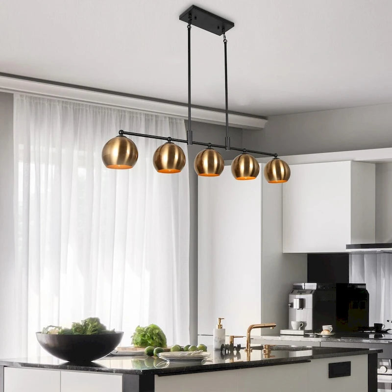 Lustre linéaire moderne noir et or à 5 lumières, suspension pour îlot de cuisine avec abat-jour en métal - L 38,5 x l 5,5 x H 7,5