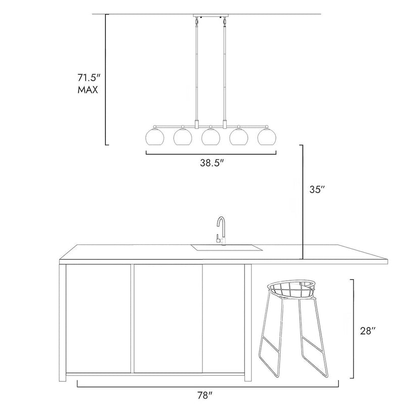 Lustre linéaire moderne noir et or à 5 lumières, suspension pour îlot de cuisine avec abat-jour en métal - L 38,5 x l 5,5 x H 7,5