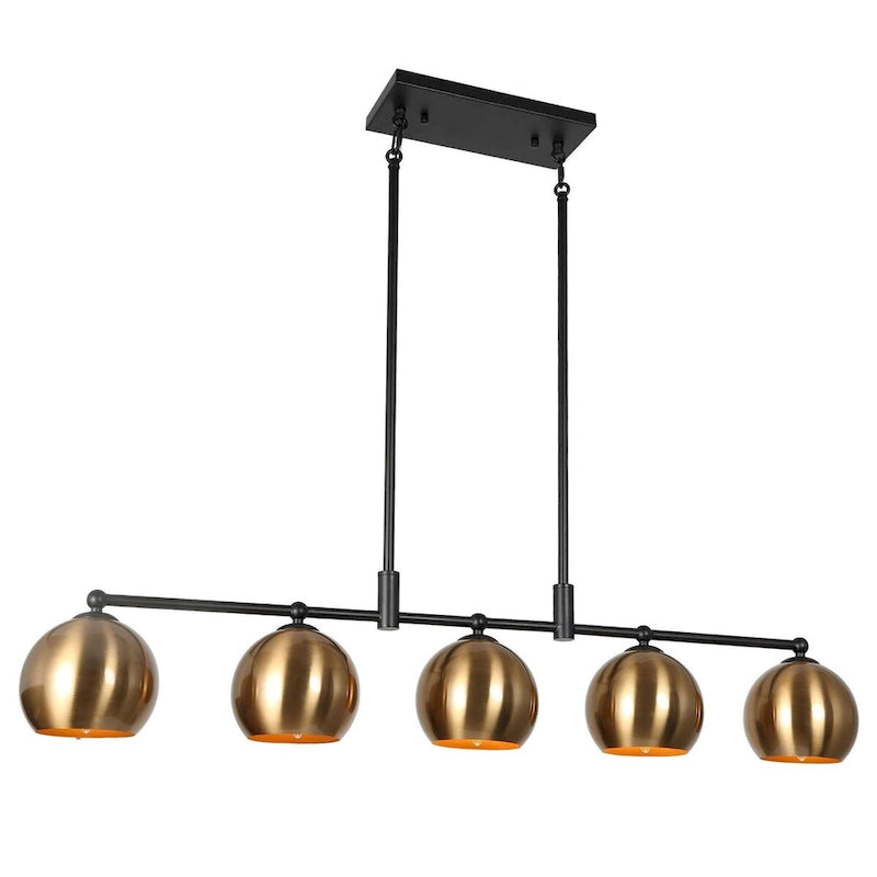 Lustre linéaire moderne noir et or à 5 lumières, suspension pour îlot de cuisine avec abat-jour en métal - L 38,5 x l 5,5 x H 7,5