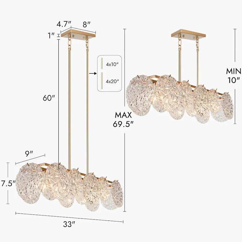 Lustre rectangulaire moderne et glamour à 5 lumières doré, idéal pour îlot de salle à manger - 33 cm L x 9 cm l x 7,5 cm H