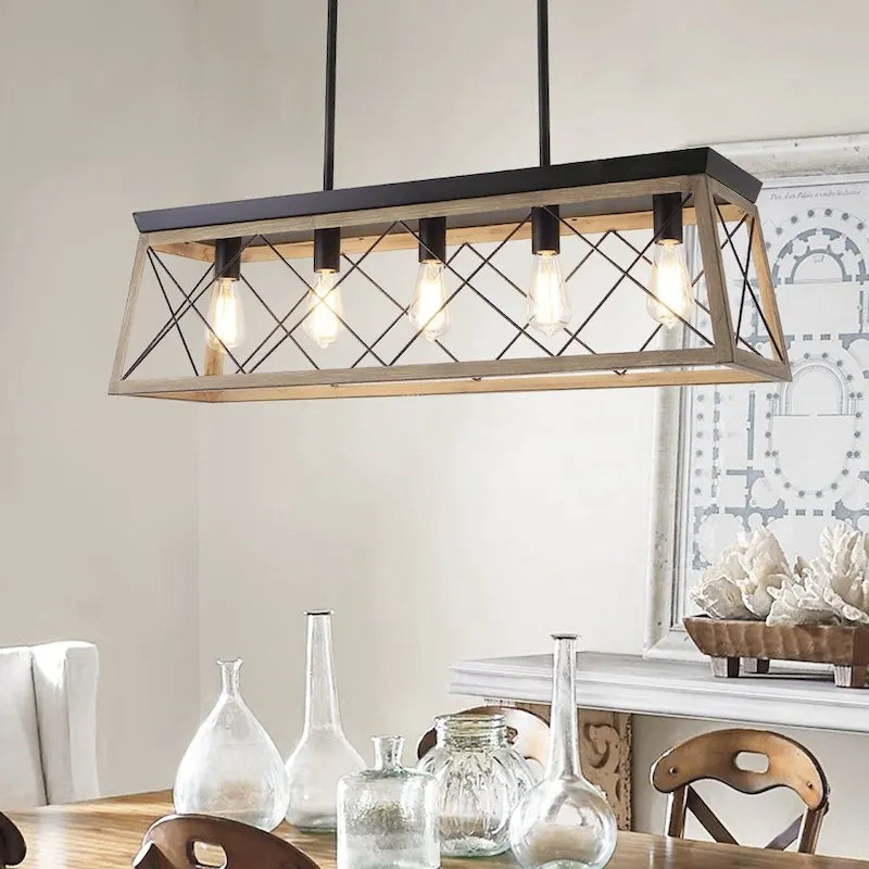 Lustre suspendu rectangulaire rustique à 5 lumières en métal pour îlot central