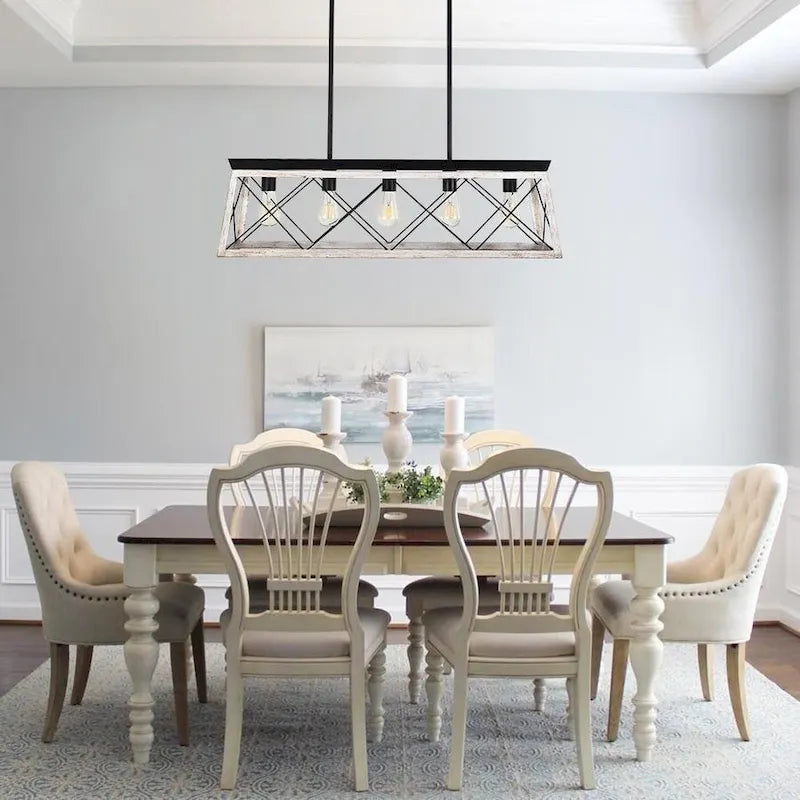 Lustre suspendu rectangulaire rustique à 5 lumières en métal pour îlot central