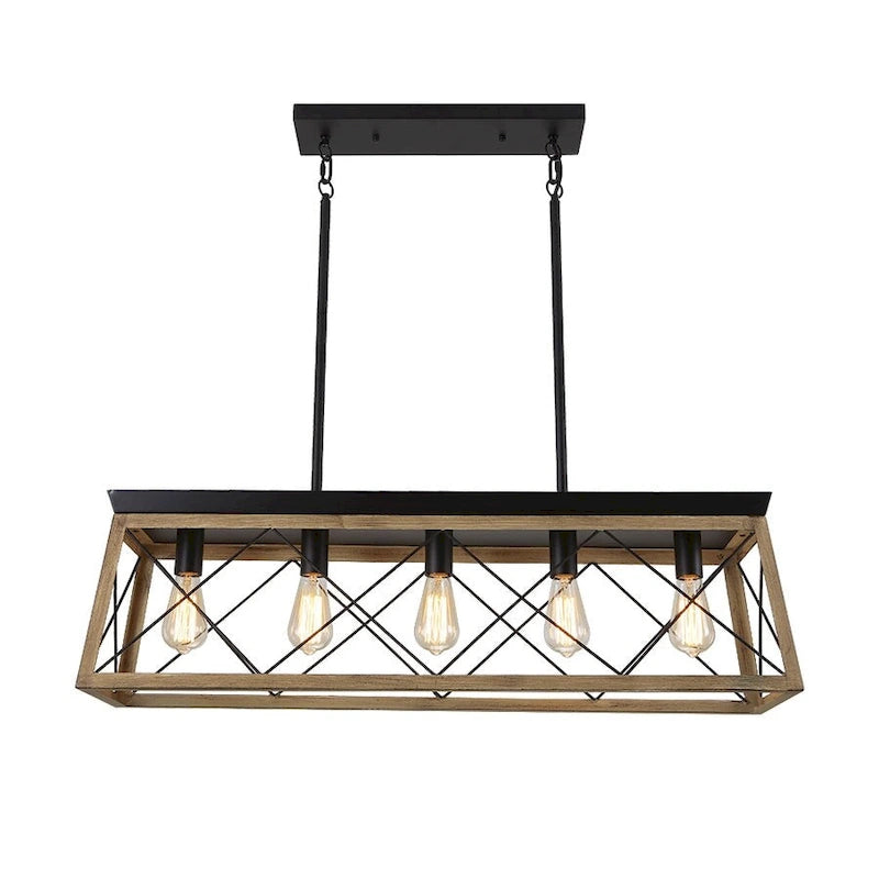 Lustre suspendu rectangulaire rustique à 5 lumières en métal pour îlot central