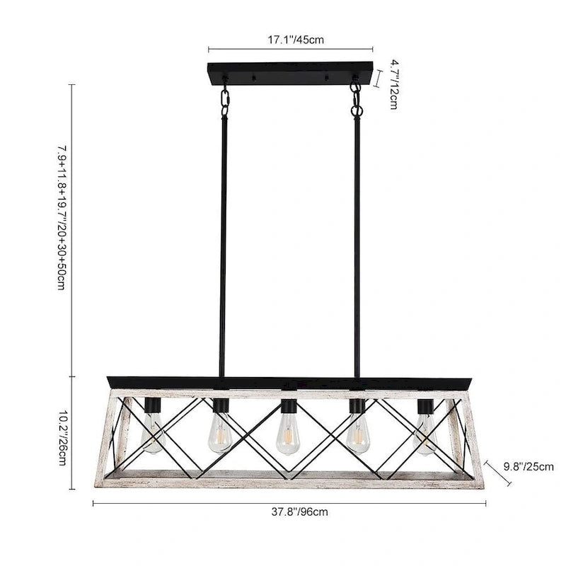 Lustre suspendu rectangulaire rustique à 5 lumières en métal pour îlot central