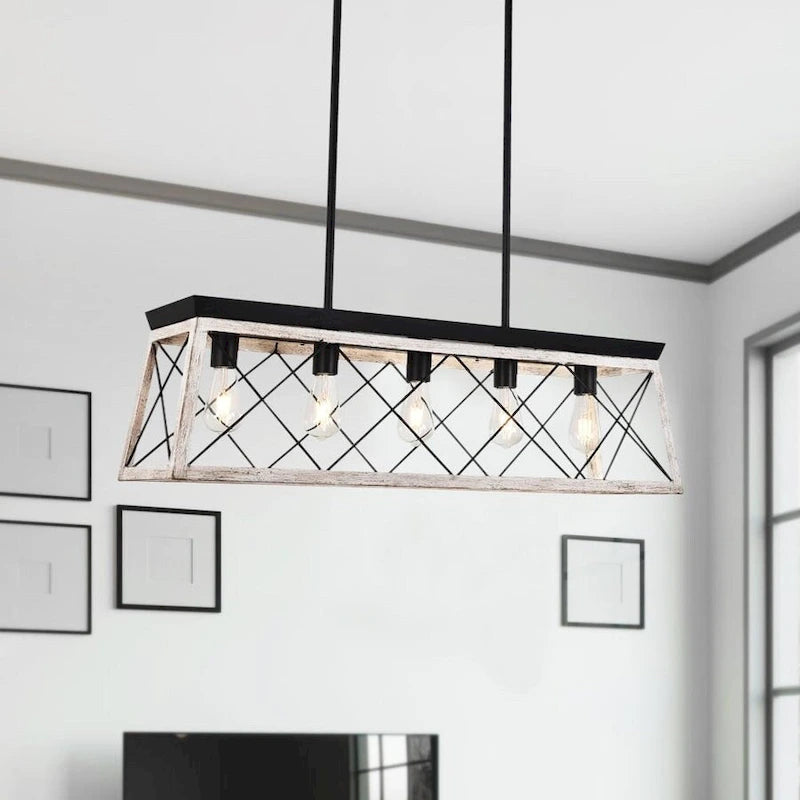 Lustre suspendu rectangulaire rustique à 5 lumières en métal pour îlot central