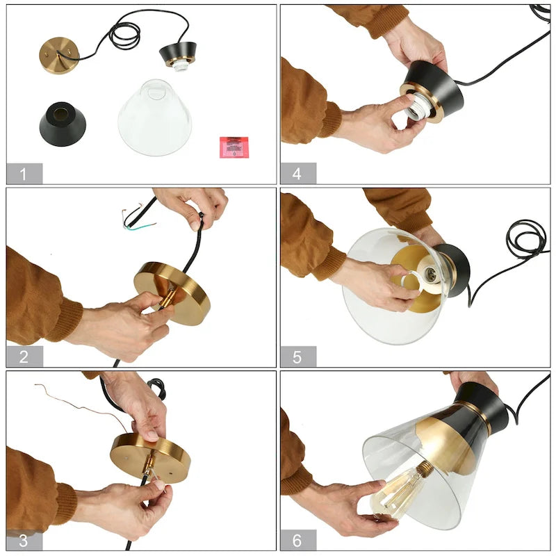 Suspension moderne noire et dorée à une lumière, bol en verre transparent, idéale pour îlot de cuisine ou salle à manger - 16,5 x 16,5 x 16,5 cm