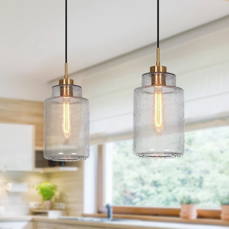 Suspension moderne cylindrique à une lumière en verre gris ondulé pour îlot de cuisine ou salle à manger - 16,5 cm de diamètre x 37 cm de hauteur