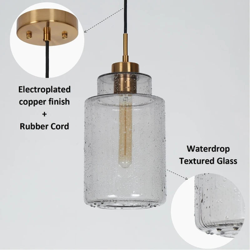 Suspension moderne cylindrique à une lumière en verre gris ondulé pour îlot de cuisine ou salle à manger - 16,5 cm de diamètre x 37 cm de hauteur